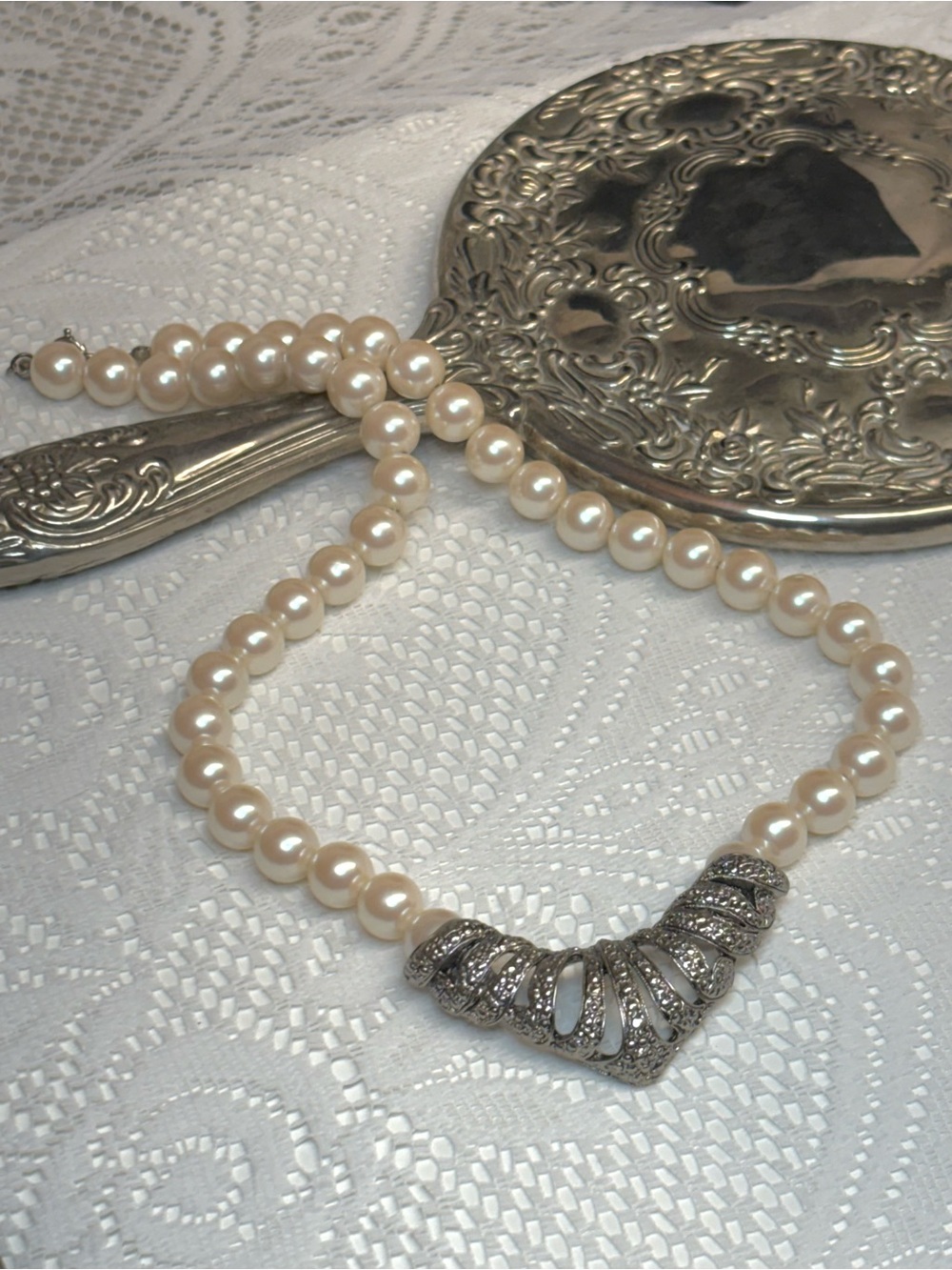 Vintage Avon 1991 Openwork Marcasite Look Statement Necklace Faux Pearl NIB